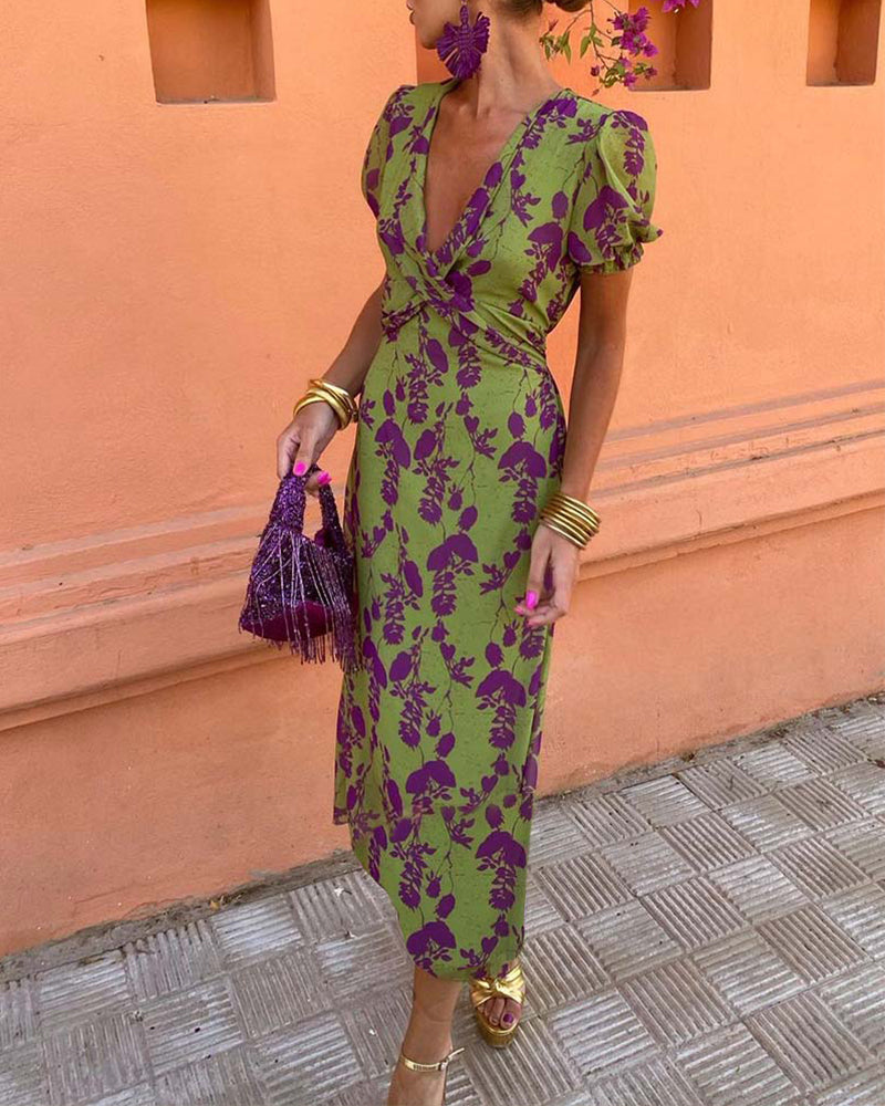 Deva™ - Long floral print dress with V-neck