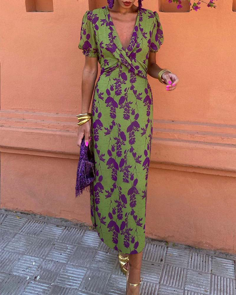 Deva™ - Long floral print dress with V-neck