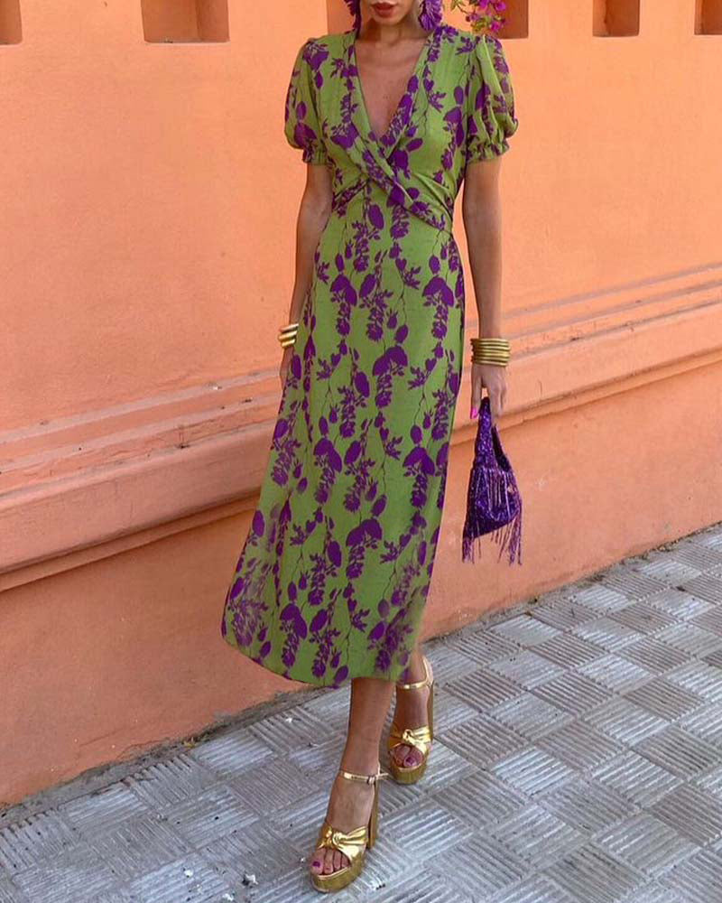 Deva™ - Long floral print dress with V-neck
