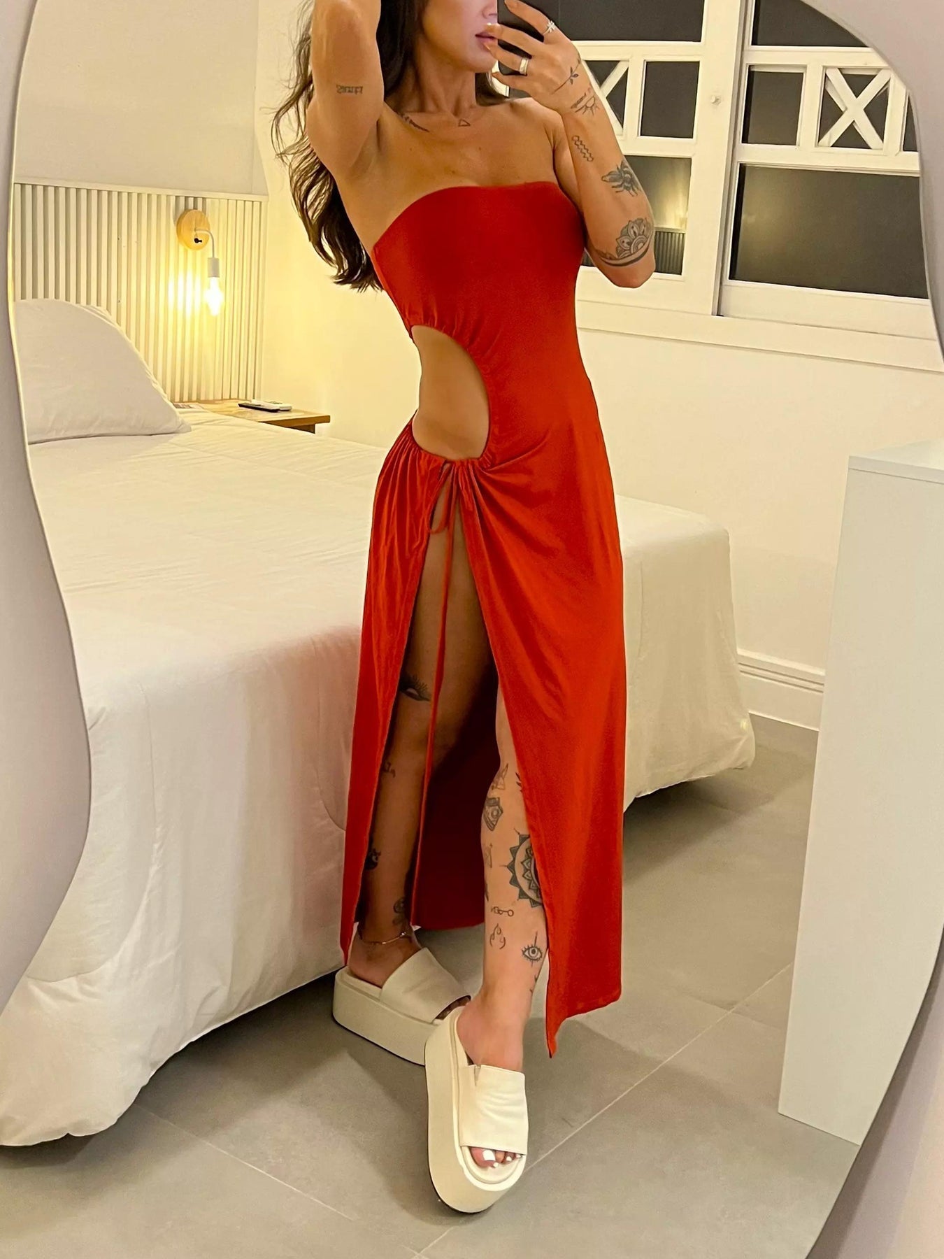 Febe - Bandeau Side Slit Tie Bodysuit Dress