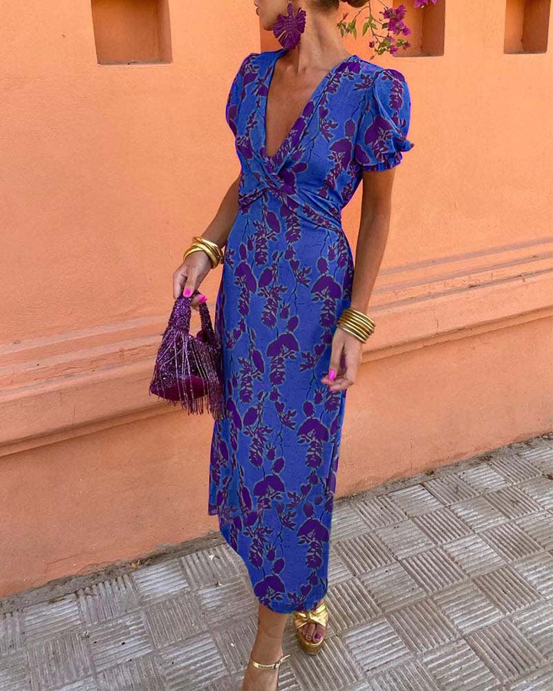 Deva™ - Long floral print dress with V-neck