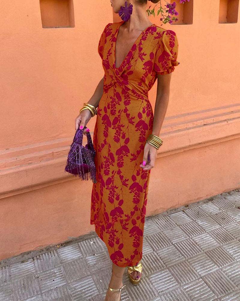 Deva™ - Long floral print dress with V-neck