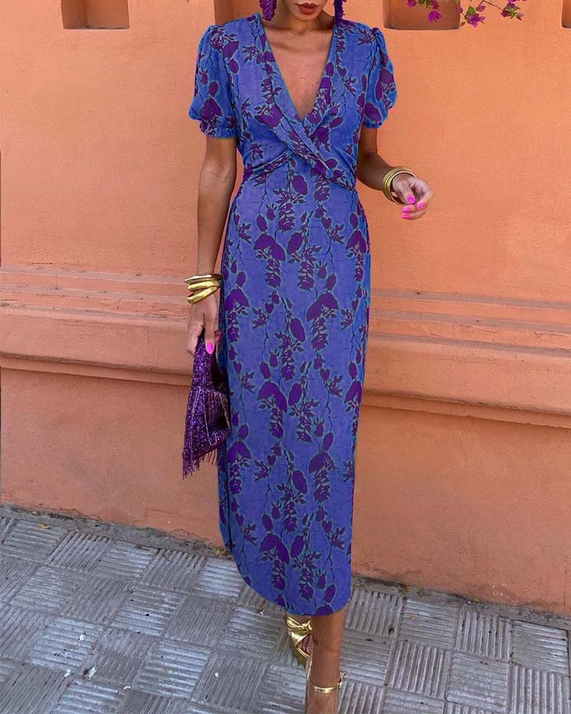 Deva™ - Long floral print dress with V-neck