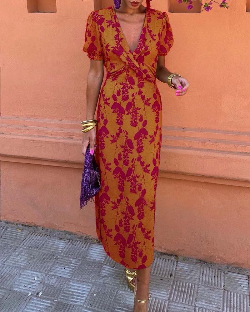 Deva™ - Long floral print dress with V-neck