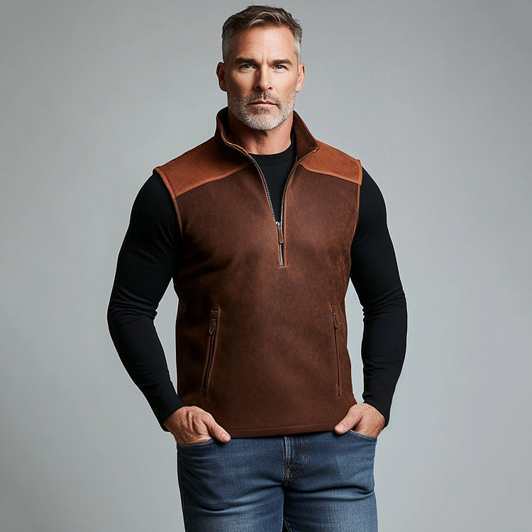 Carter™ - Men's Suede Stand Collar Half Zipper Pocket Vest