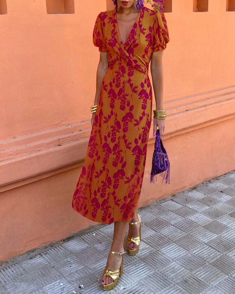 Deva™ - Long floral print dress with V-neck