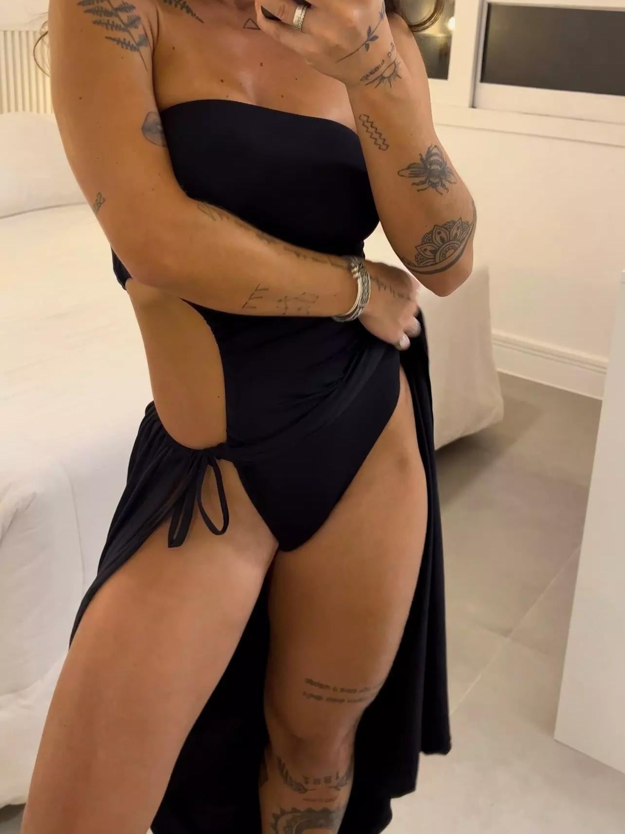 Febe - Bandeau Side Slit Tie Bodysuit Dress