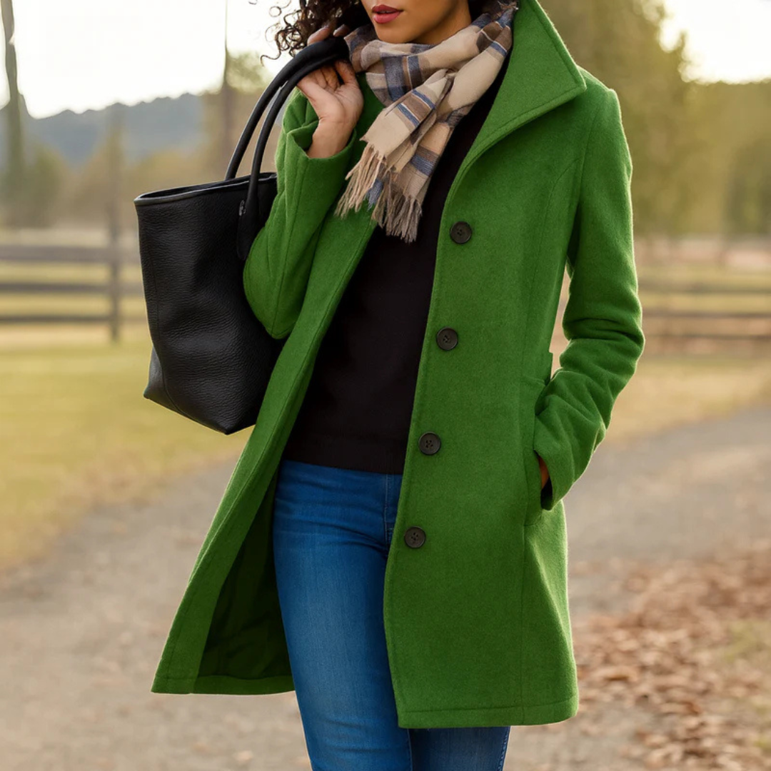 Elena – Chic Long Coat with Classic Button Design
