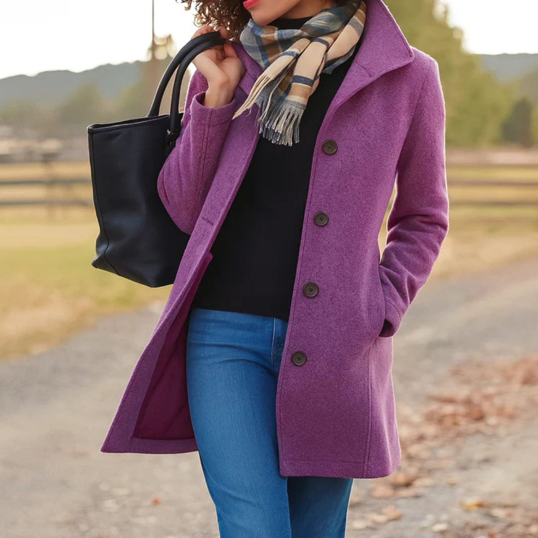 Elena – Chic Long Coat with Classic Button Design