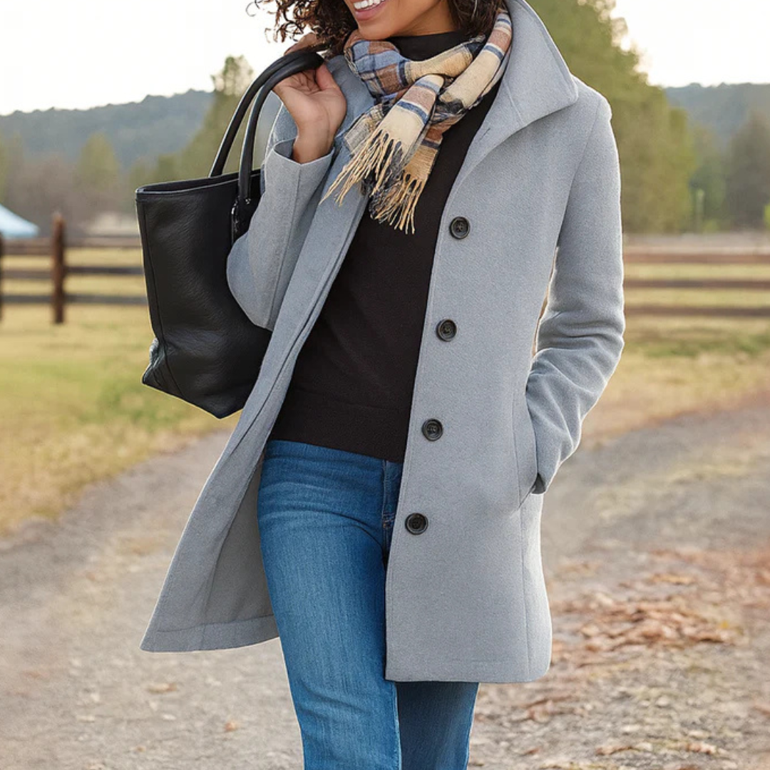 Elena – Chic Long Coat with Classic Button Design
