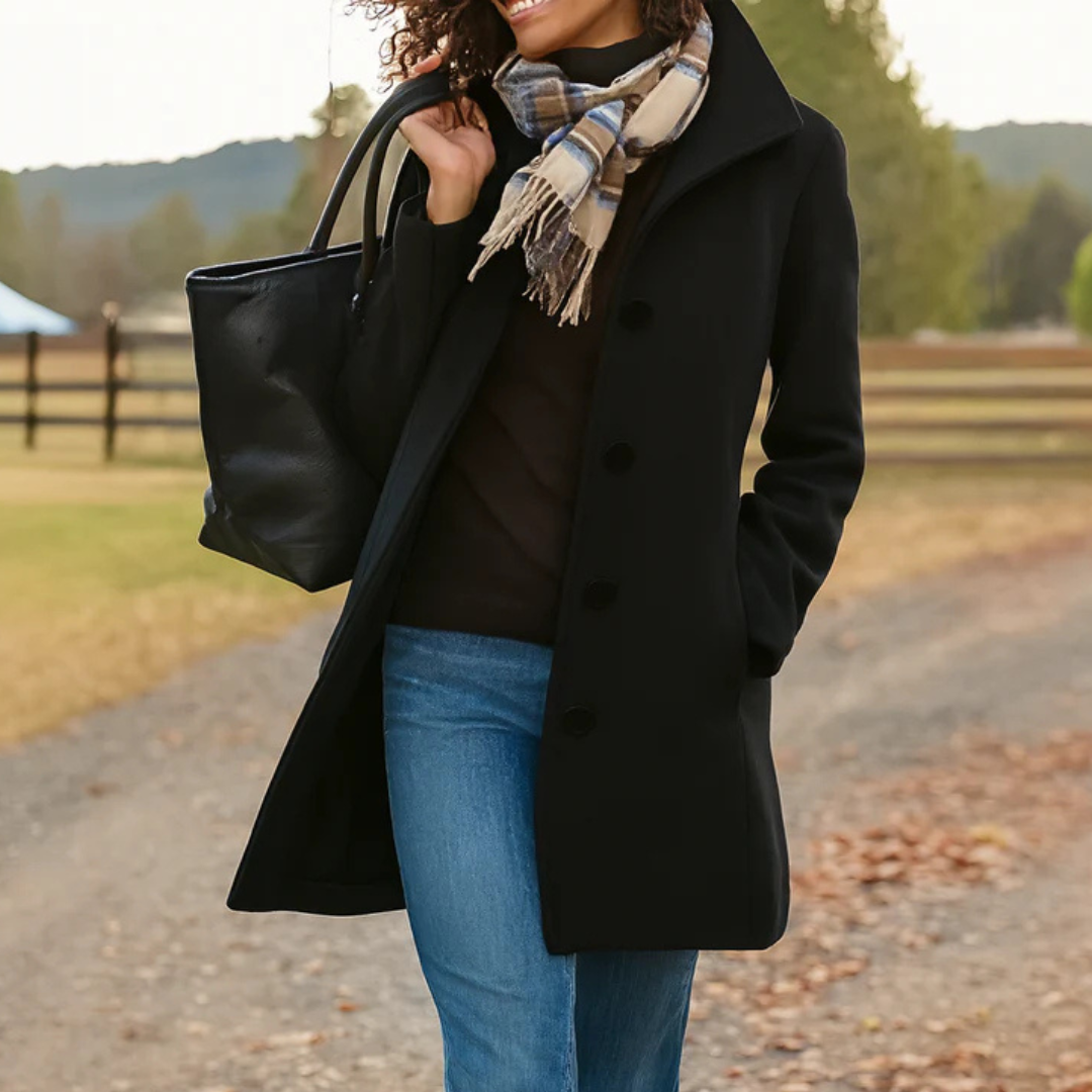 Elena – Chic Long Coat with Classic Button Design