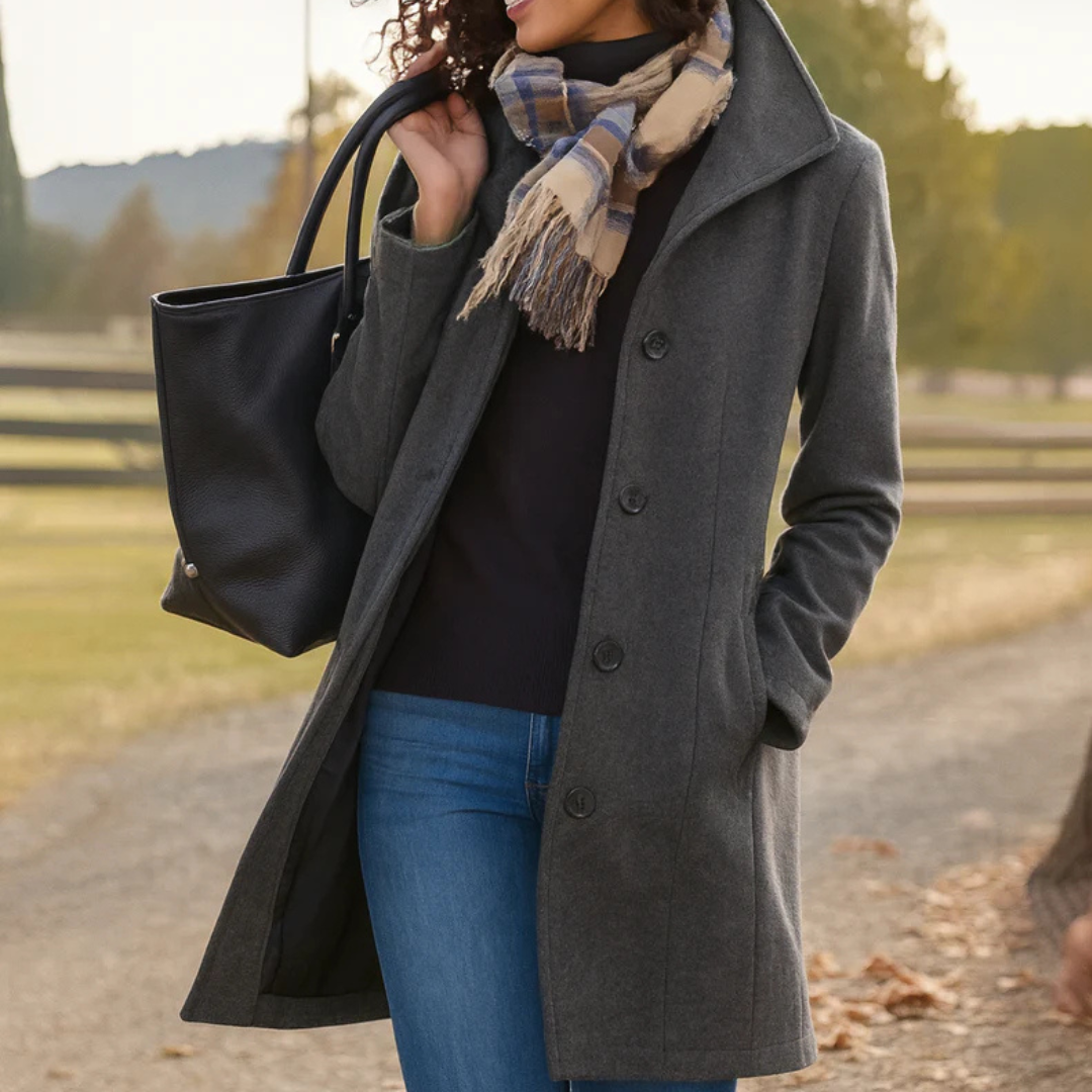 Elena – Chic Long Coat with Classic Button Design