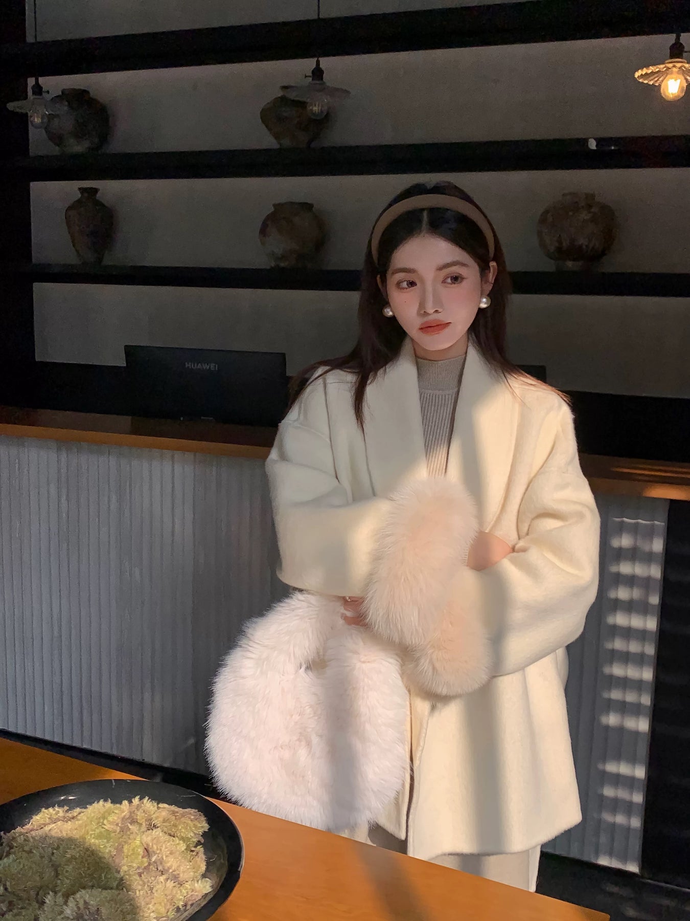 Mila  - Belted Wrap Coat with Lantern Sleeves and Faux Fur Cuffs