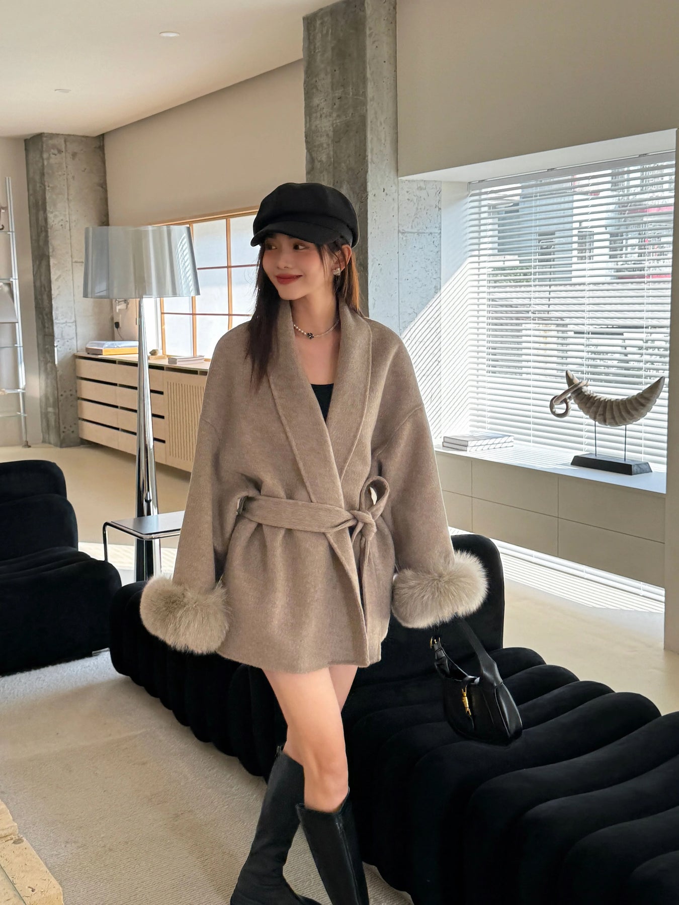 Mila  - Belted Wrap Coat with Lantern Sleeves and Faux Fur Cuffs