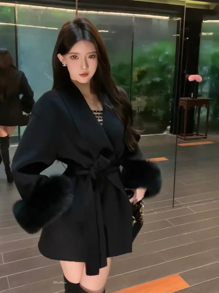 Mila  - Belted Wrap Coat with Lantern Sleeves and Faux Fur Cuffs