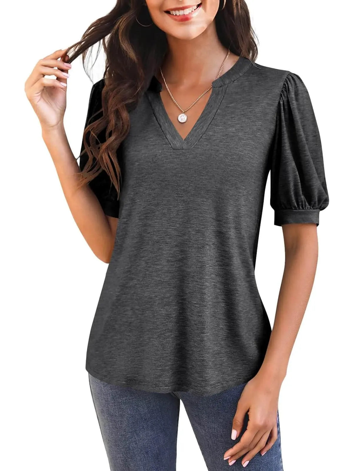 Jimena™ - V-Neck T-Shirt with Puff Sleeves