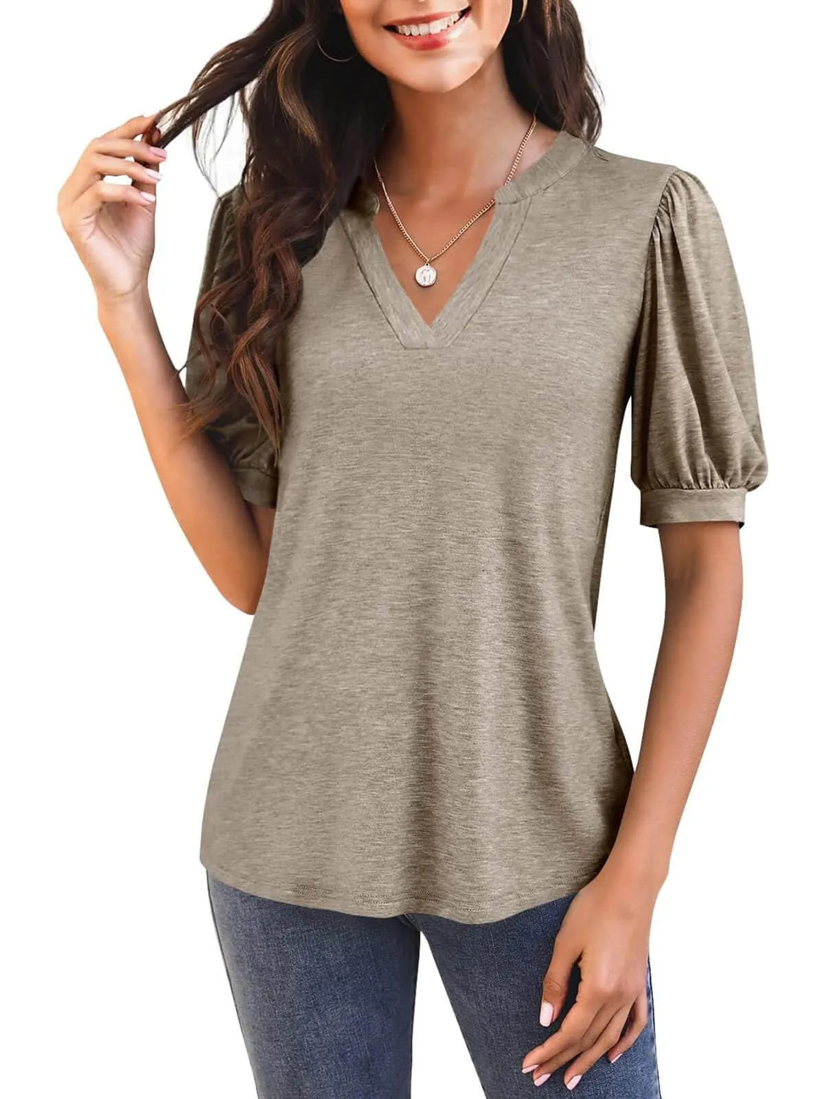 Jimena™ - V-Neck T-Shirt with Puff Sleeves