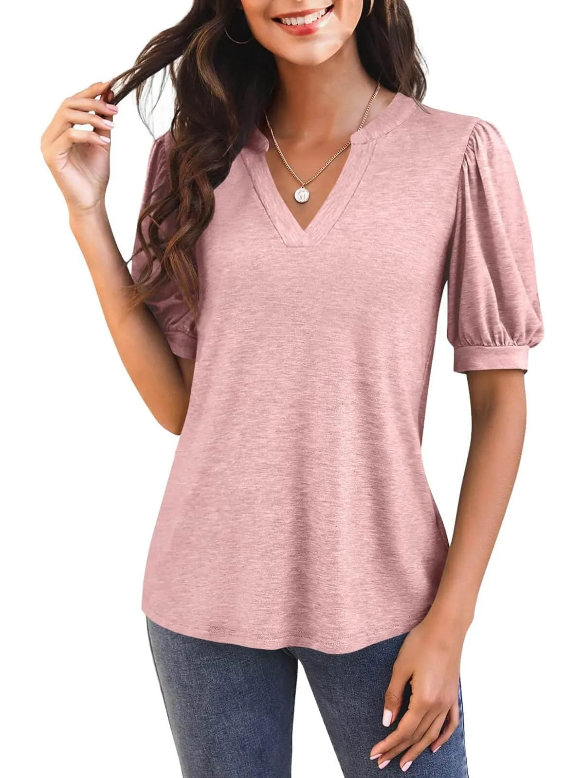 Jimena™ - V-Neck T-Shirt with Puff Sleeves