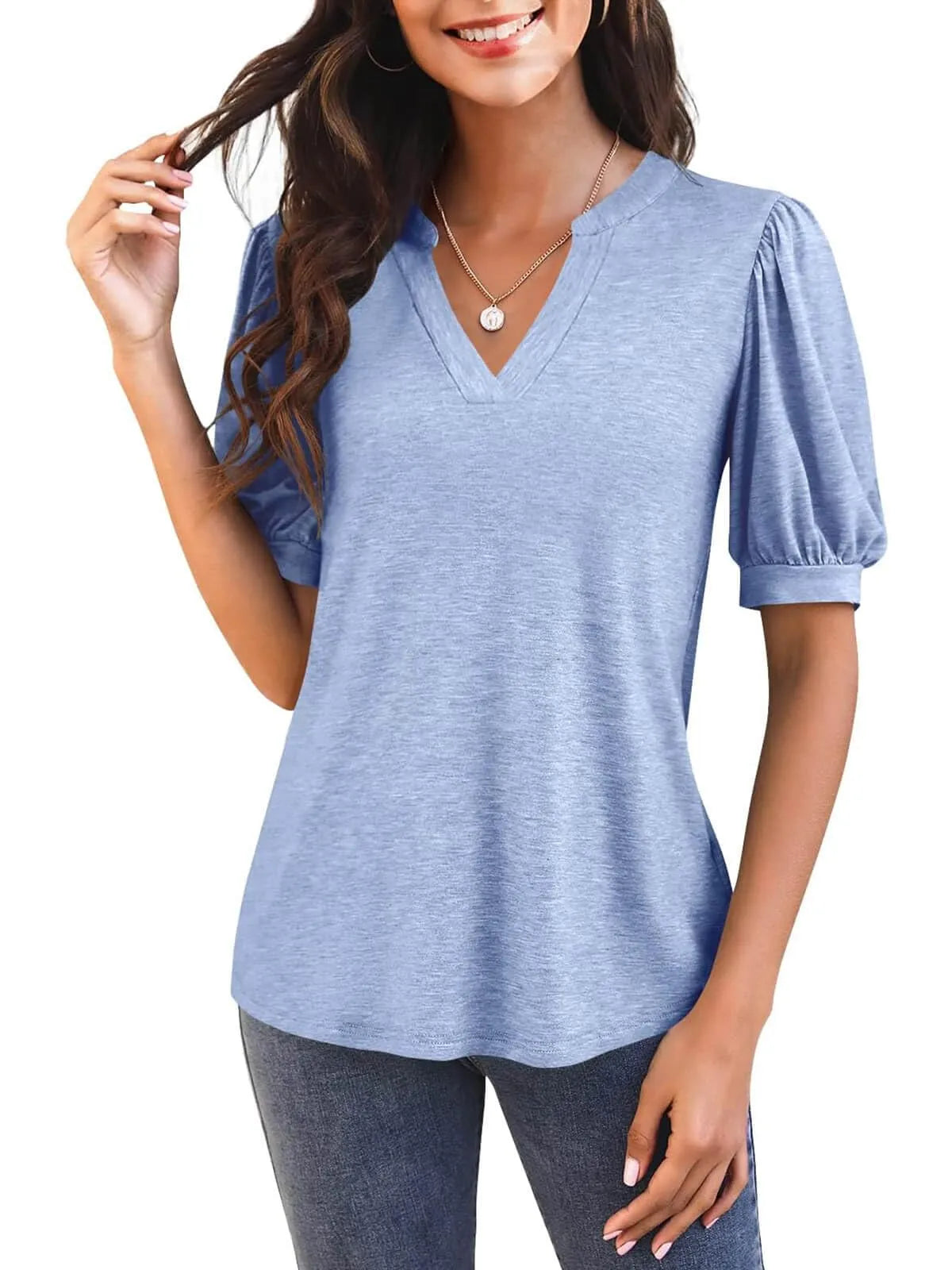 Jimena™ - V-Neck T-Shirt with Puff Sleeves
