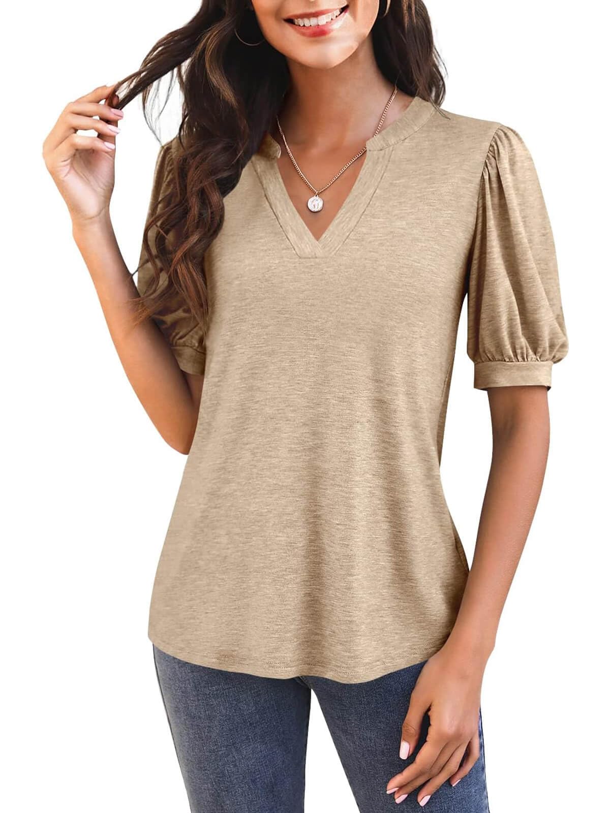 Jimena™ - V-Neck T-Shirt with Puff Sleeves