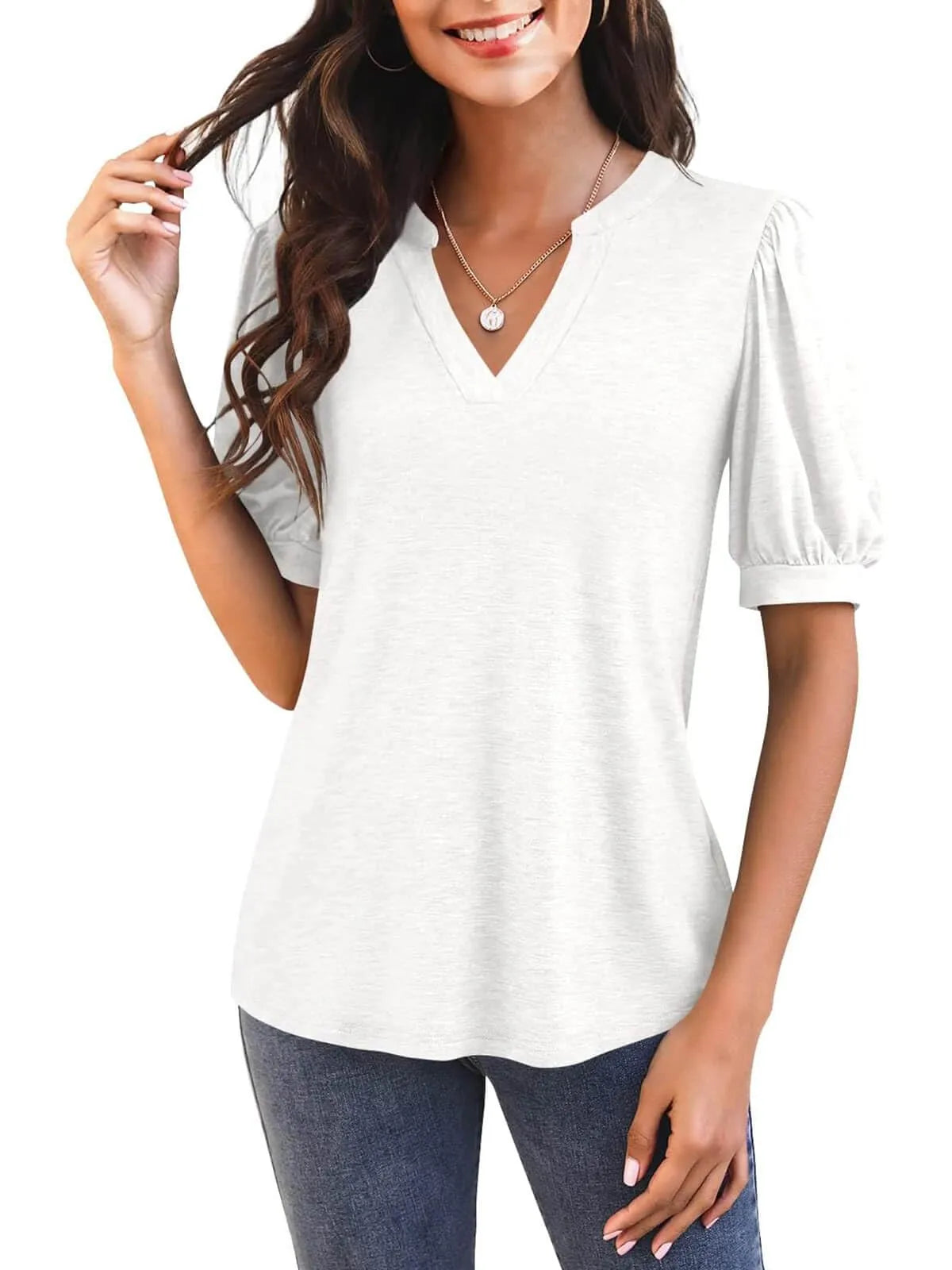 Jimena™ - V-Neck T-Shirt with Puff Sleeves