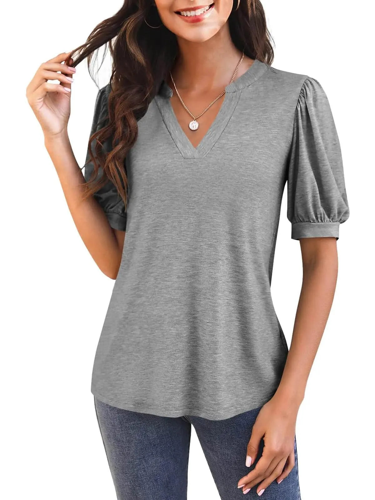 Jimena™ - V-Neck T-Shirt with Puff Sleeves