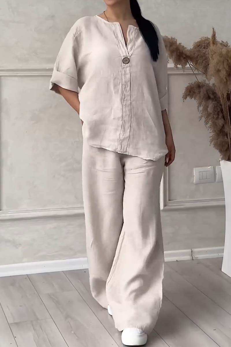 Aina™ - Casual button decorated cotton and linen two-piece set