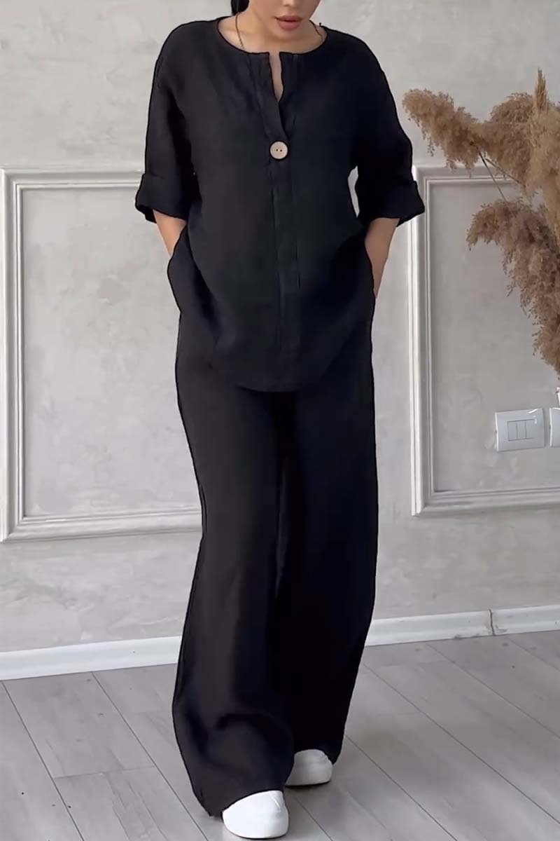 Aina™ - Casual button decorated cotton and linen two-piece set