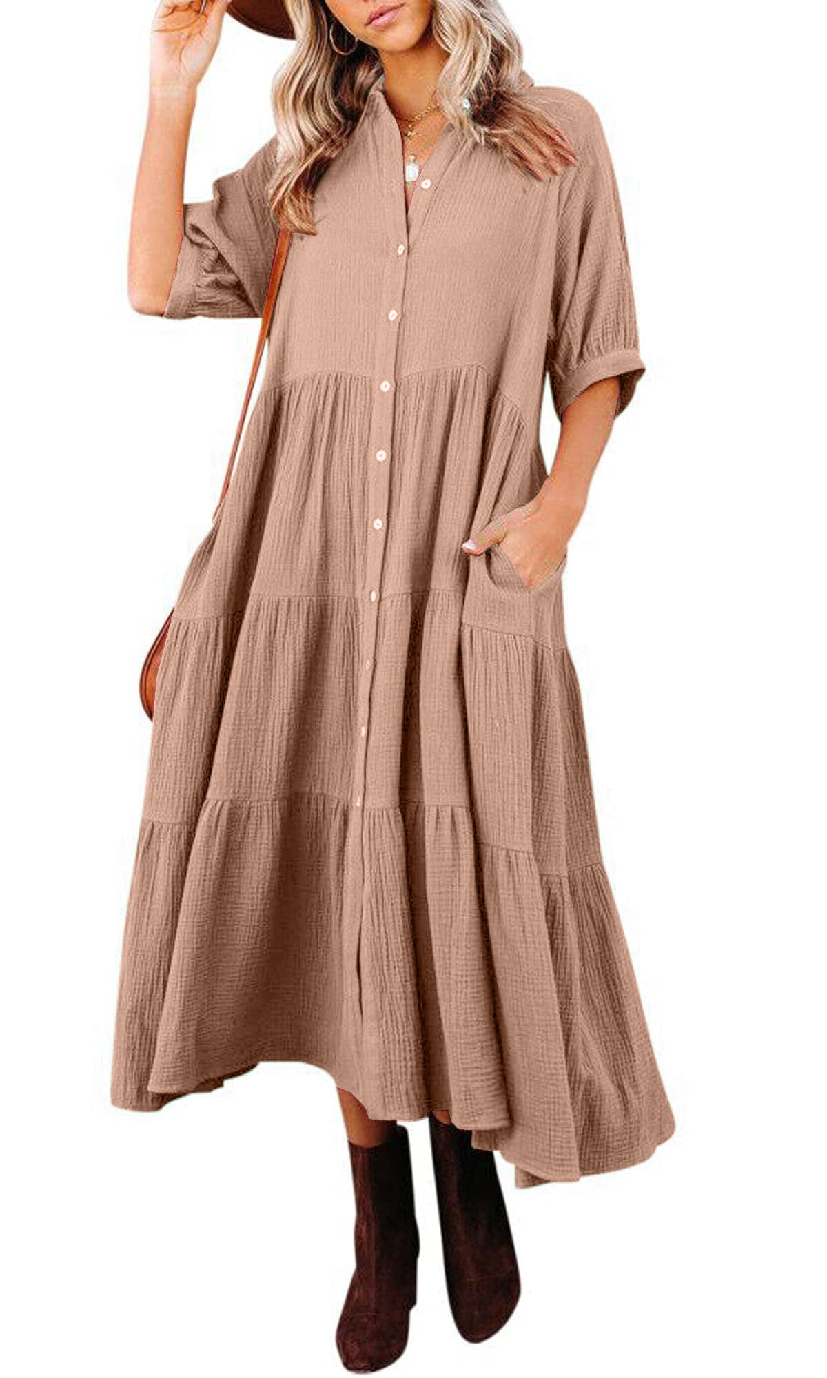 Women's Summer Cotton Half Sleeves Midi Dress with Pockets