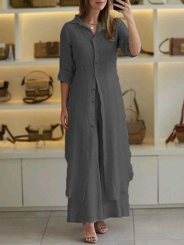 Odett™ - Two-Piece Linen Set: Long Shirt and Trousers