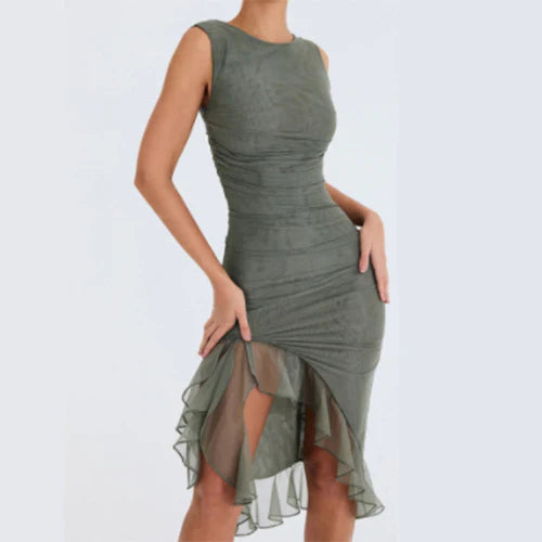 Linda- Pleated, Sleeveless, Tight-Fitting Mini-Dress With Round Neckline