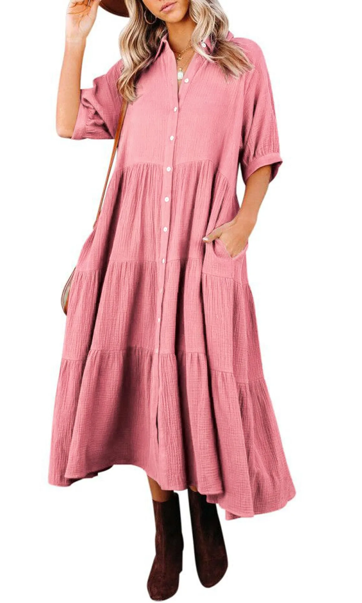 Women's Summer Cotton Half Sleeves Midi Dress with Pockets