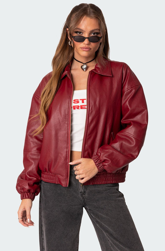 Nata - Oversized Faux Leather Bomber Jacket