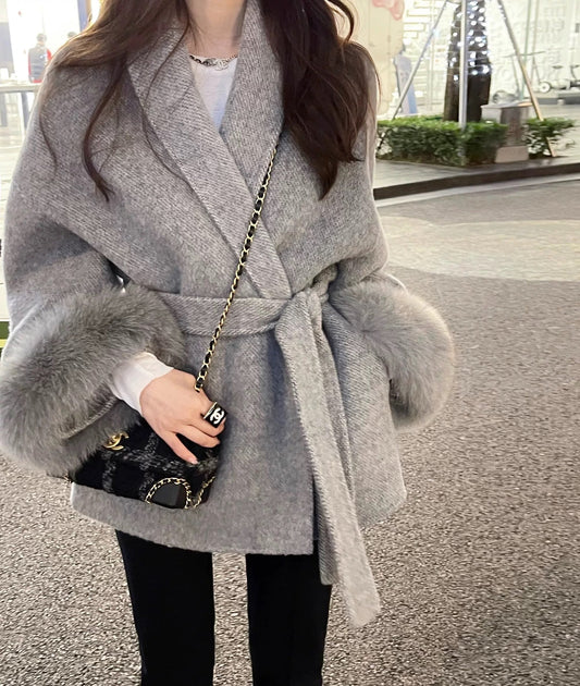 Mila  - Belted Wrap Coat with Lantern Sleeves and Faux Fur Cuffs