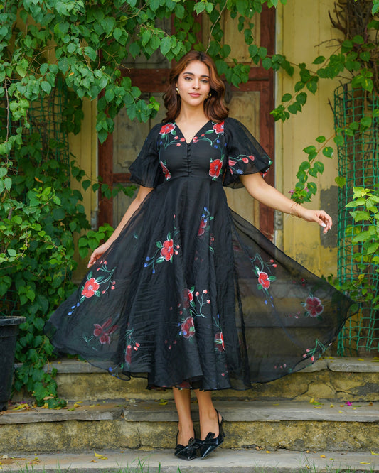 Amaranta™ - Black Handpainted Floral Dress