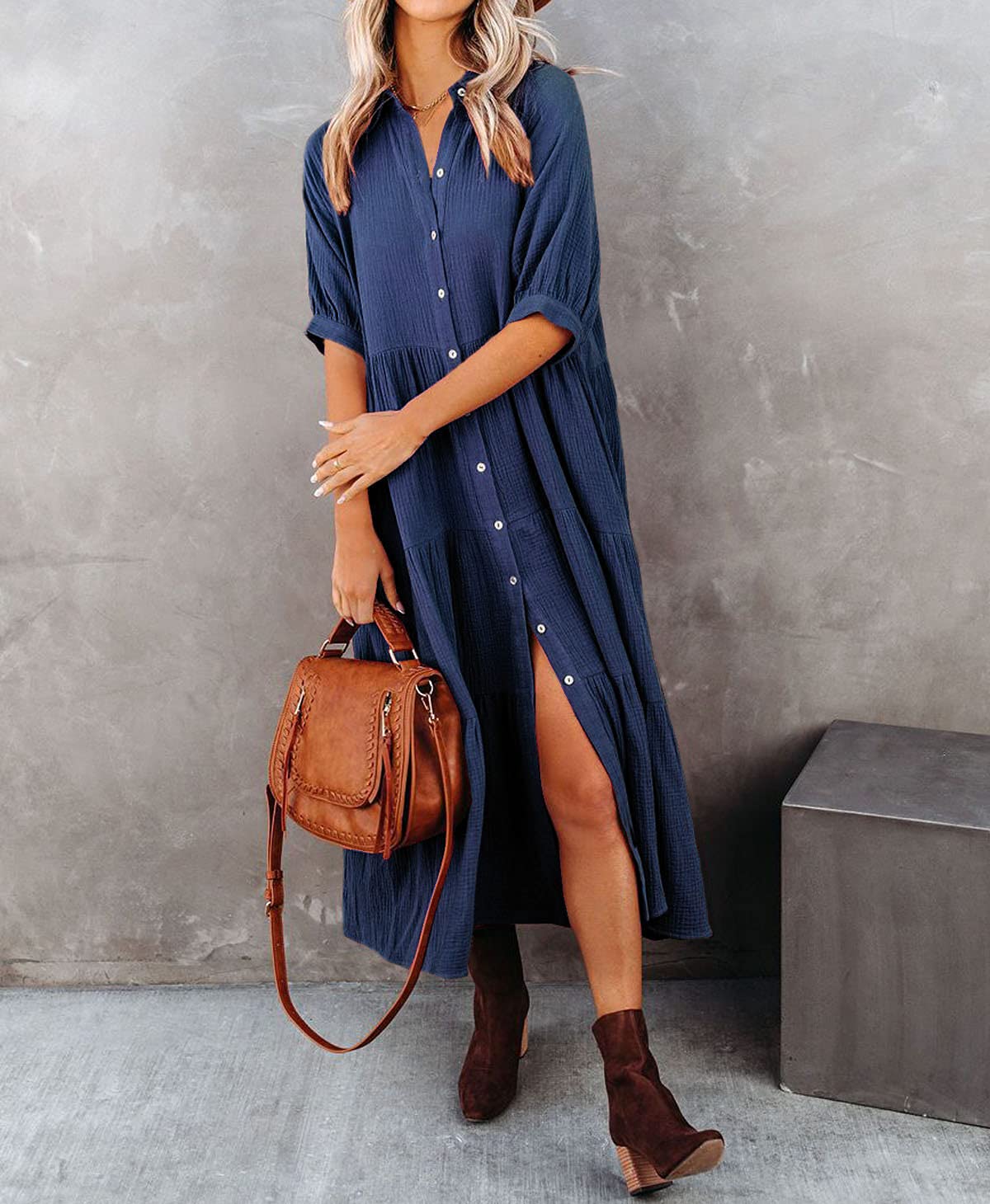 Women's Summer Cotton Half Sleeves Midi Dress with Pockets