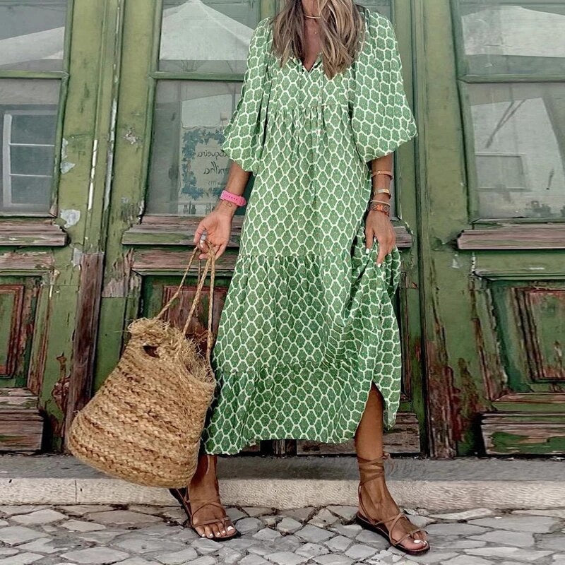 V-Neck Print Dress With Puffed Sleeves Bohemian Style