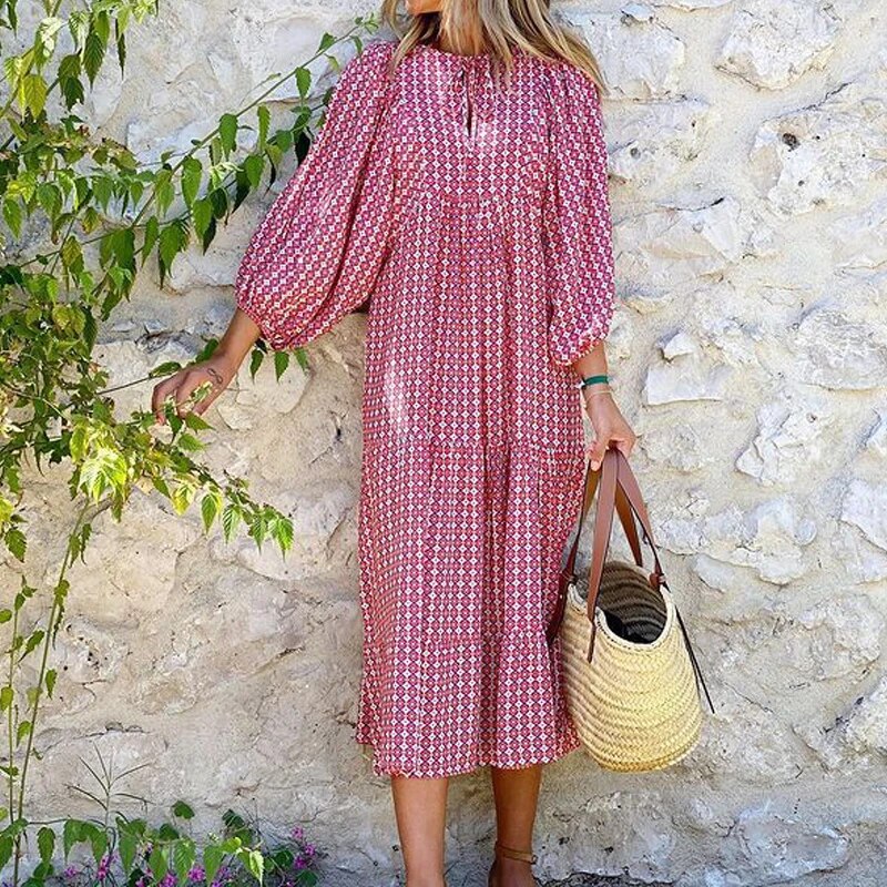 V-Neck Print Dress With Puffed Sleeves Bohemian Style