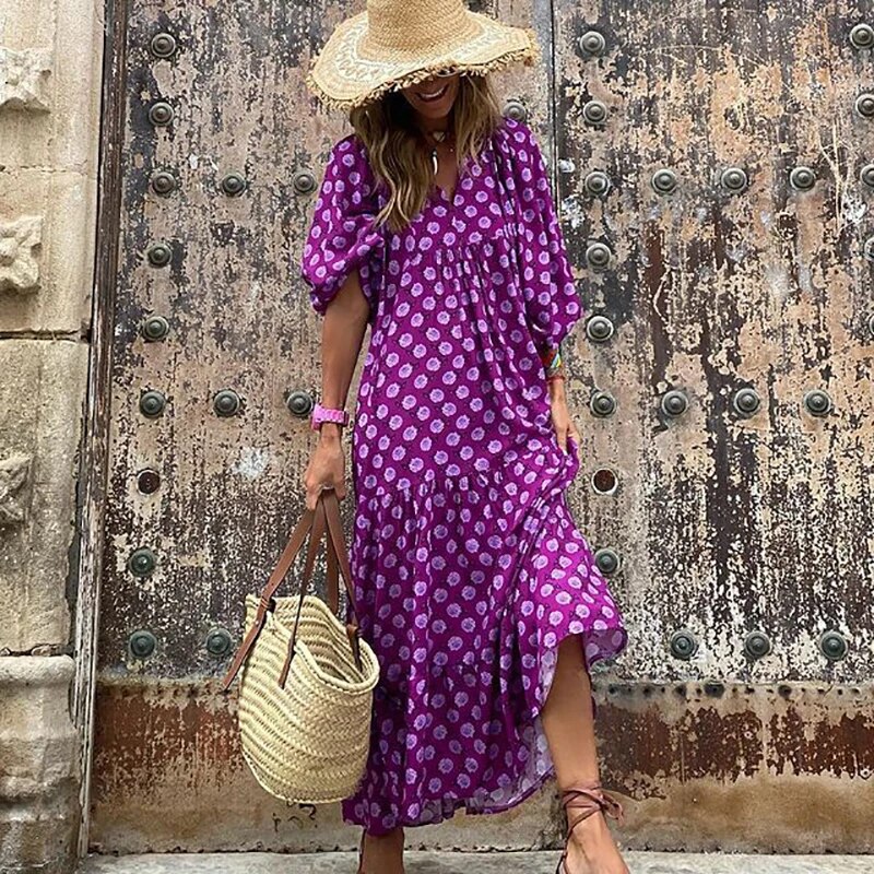 V-Neck Print Dress With Puffed Sleeves Bohemian Style