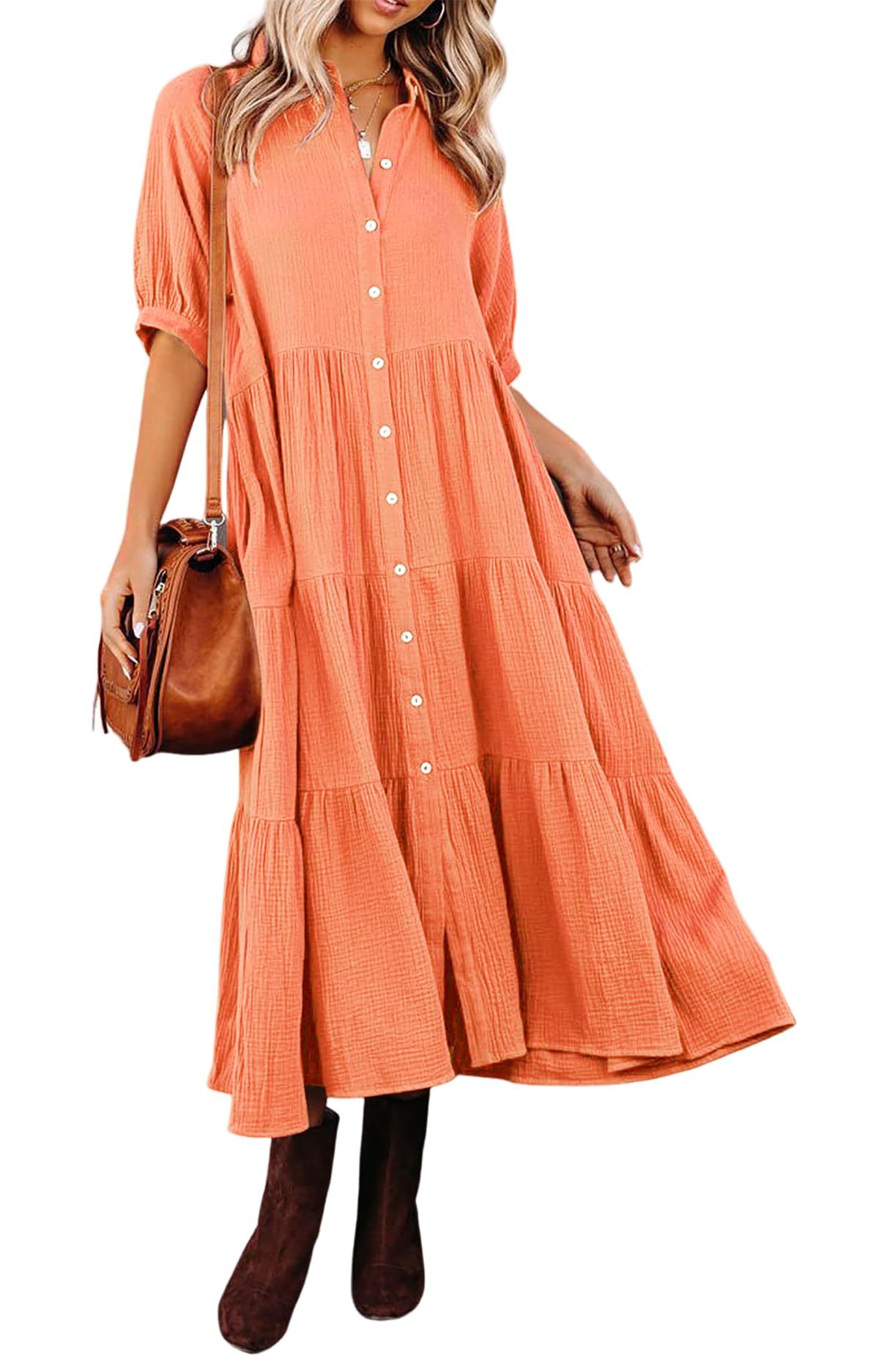 Women's Summer Cotton Half Sleeves Midi Dress with Pockets