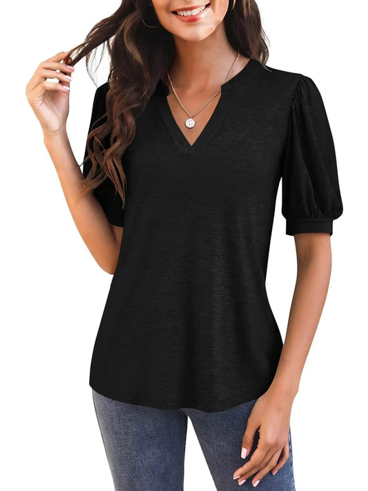 Jimena™ - V-Neck T-Shirt with Puff Sleeves