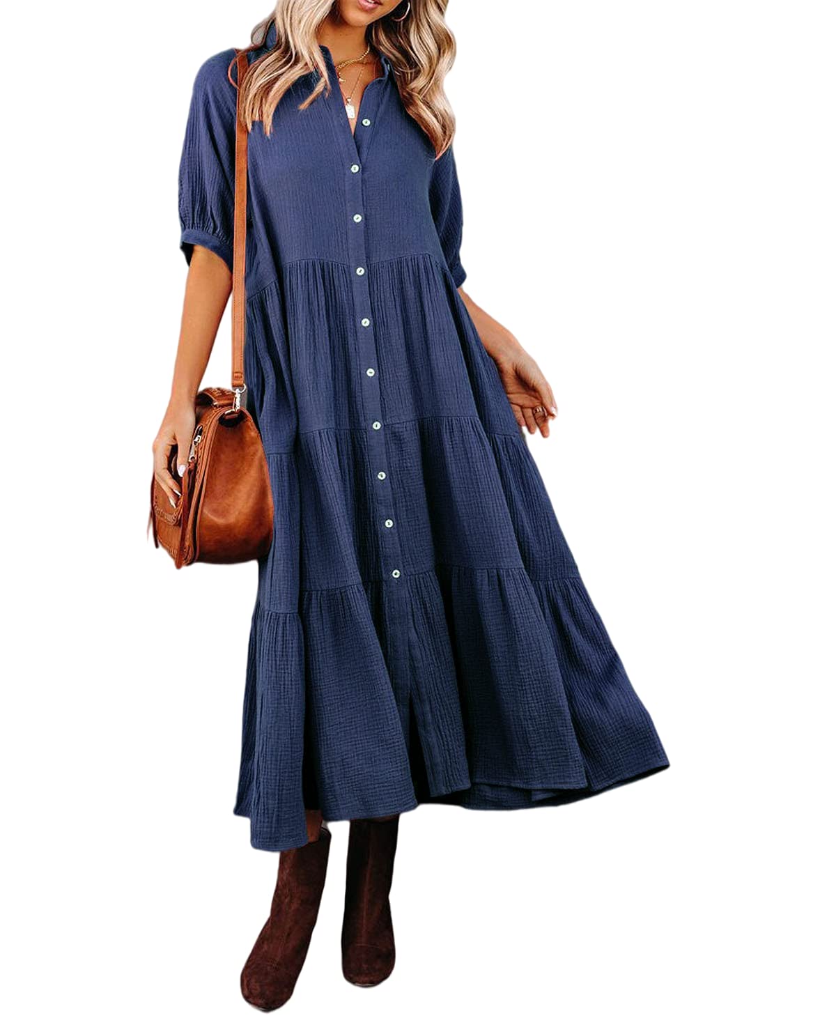 Women's Summer Cotton Half Sleeves Midi Dress with Pockets