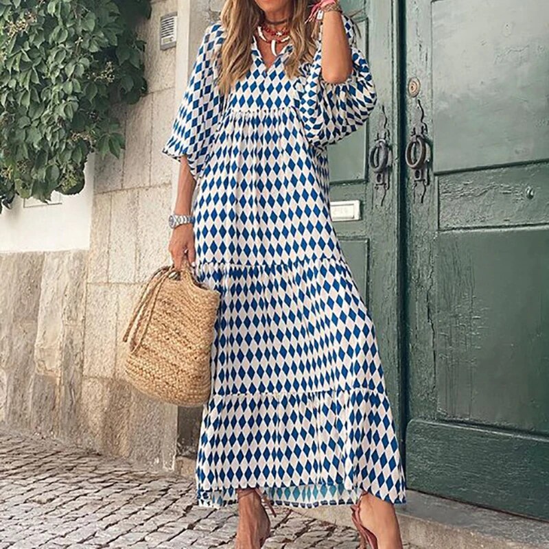 V-Neck Print Dress With Puffed Sleeves Bohemian Style