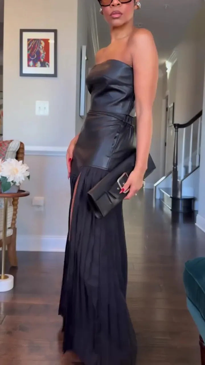 Deka™ -Leather Top and Pleated Skirt Set